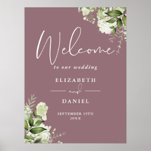 Mauve Greenery Floral Mariage Affiche de bienvenue