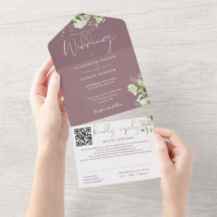 Mauve Greenery Monogram QR Code Wedding All In One Invitation