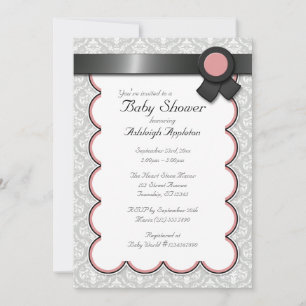 Mauve & Grey Damask Baby Shower Invitations