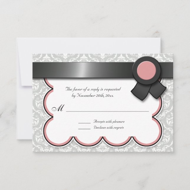 Mauve & Grey Damask Wedding Reply / RSVP Cards (Front)
