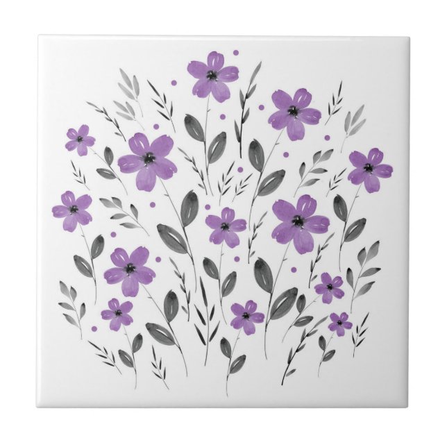 Mauve Grey Five Petal Watercolor Floral Motif Tile (Front)