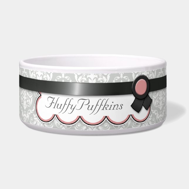 Mauve & Grey Ribbon Design Damask Dog Bowl (Front)