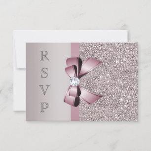 Mauve Grey Sequins Diamonds Bow RSVP Card