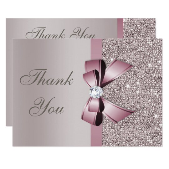 Mauve Grey Sequins Diamonds Bow Thank You Card