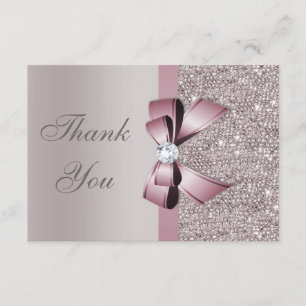 Mauve Grey Sequins Diamonds Bow Thank You Card