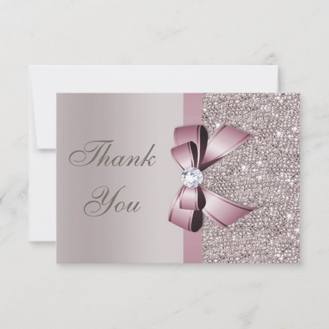 Mauve Grey Sequins Diamonds Bow Thank You Card (Front)