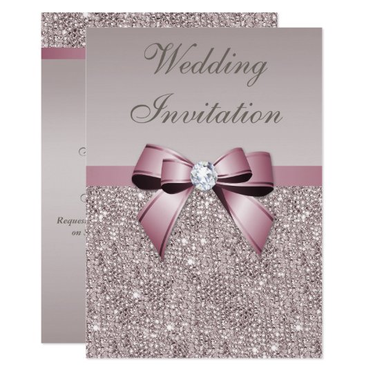 Mauve Grey Sequins Diamonds Bow Wedding Card