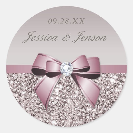 Mauve Grey Sequins Diamonds Bow Wedding Classic Round Sticker