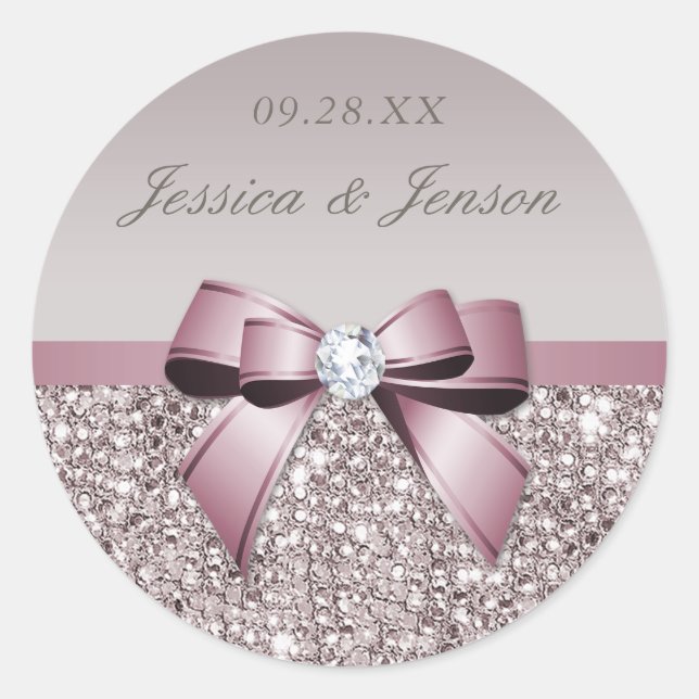 Mauve Grey Sequins Diamonds Bow Wedding Classic Round Sticker (Front)