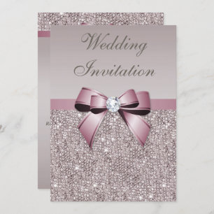 Mauve Grey Sequins Diamonds Bow Wedding Invitation