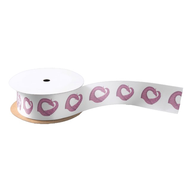 Mauve heart dragon on white satin ribbon (Spool)
