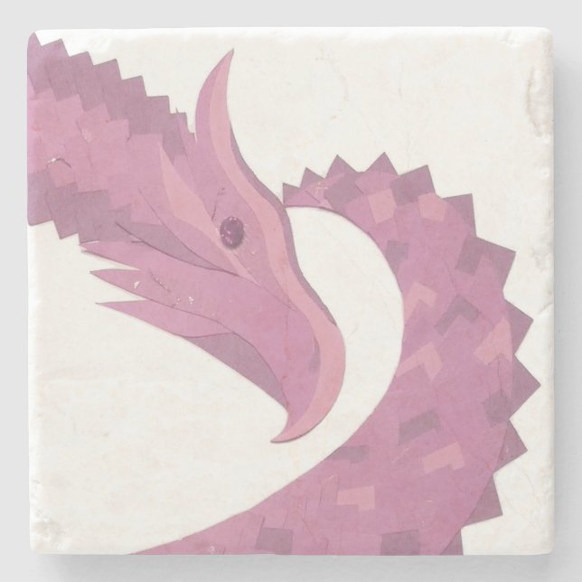 Mauve heart dragon on white stone coaster (Front)