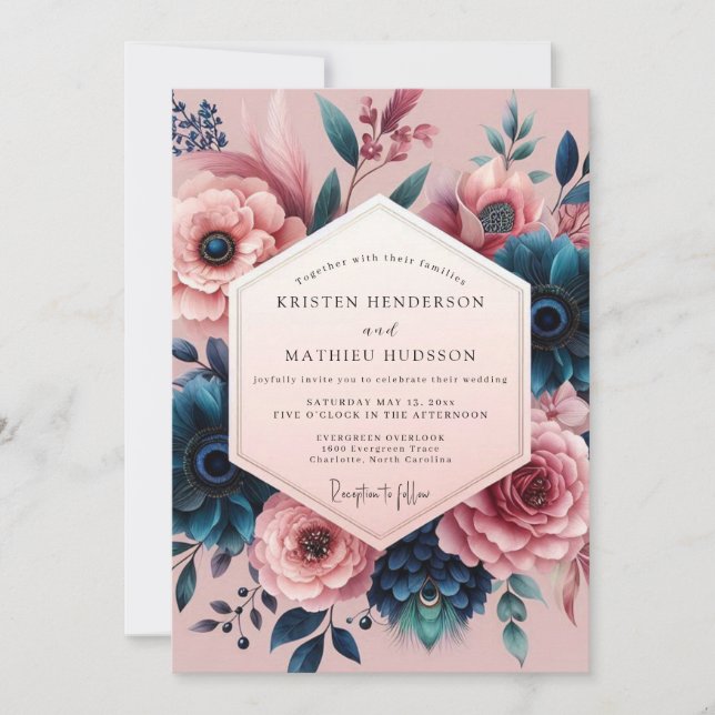 Mauve Indigo Moody Bloom Wedding Invitation (Front)