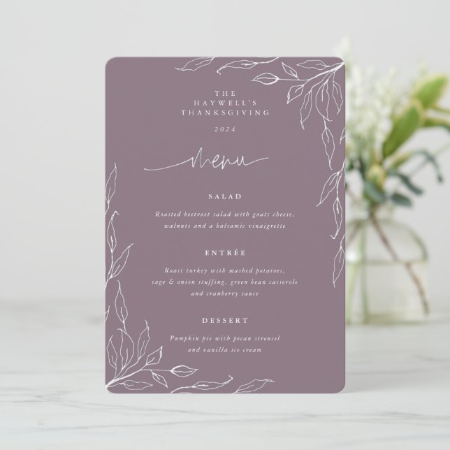 Mauve Leaf Motif Thanksgiving Dinner Menu (Standing Front)