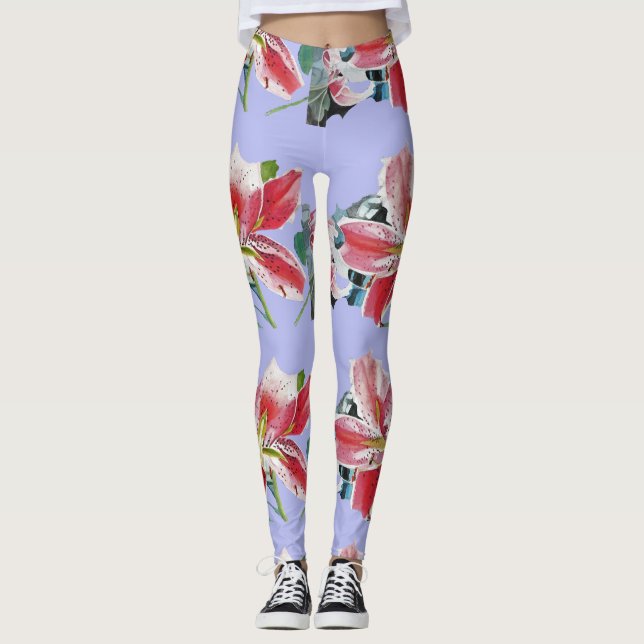 Mauve Lilac Lily floral art watercolor Leggings (Front)