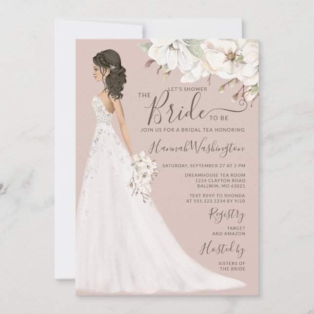 Mauve Magnolia Bride in Glitter Gown Bridal Tea Invitation (Front)
