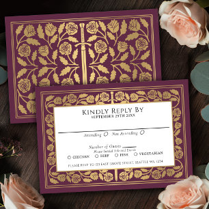 Mauve Medieval Gold Sword Royal Wedding RSVP Card
