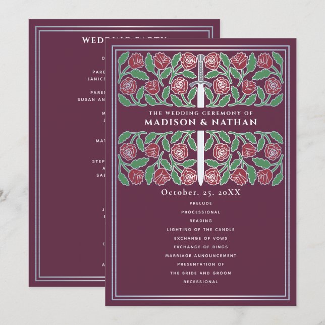 Mauve Medieval Silver Floral Sword Royal Wedding Program (Front/Back)