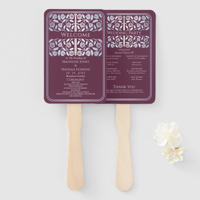 Mauve Medieval Silver Sword Royal Wedding Program Hand Fan (Front and Back)