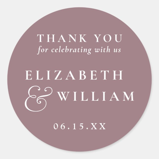 Mauve Minimalist Monogram Wedding Thank You Classic Round Sticker (Front)
