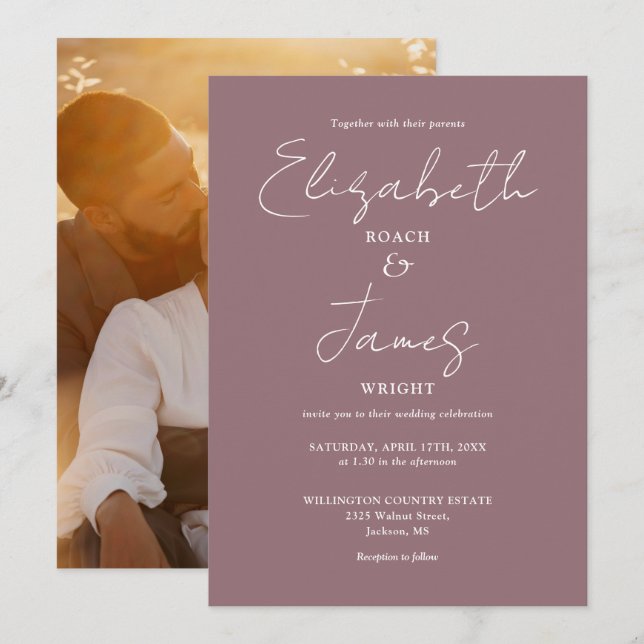 Mauve Minimalist  Script Photo Wedding Invitation (Front/Back)