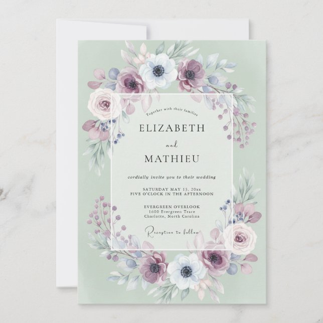 Mauve Mint Anemone Wedding Invitation (Front)