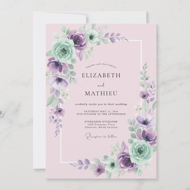 Mauve Mint Peony Wedding Invitation (Front)