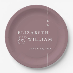 Mauve Modern Elegant Minimalist Monogram Wedding Paper Plate