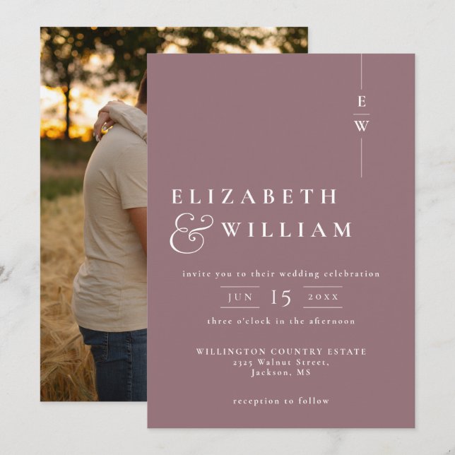 Mauve Modern Elegant Monogram Photo Wedding Invitation (Front/Back)