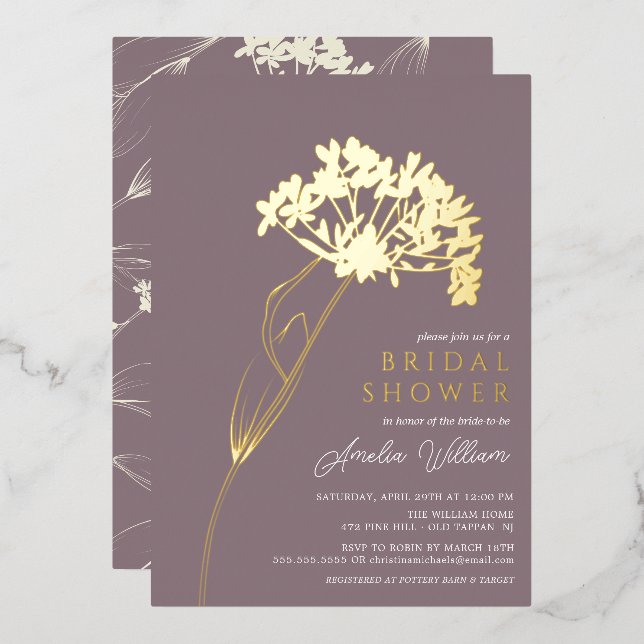 Mauve Modern Floral Bridal Shower Foil Invitation (Front/Back)