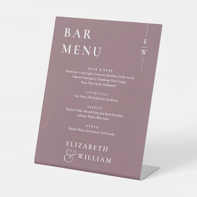Mauve Modern Minimalist Monogram Bar Menu Pedestal Sign (Front)