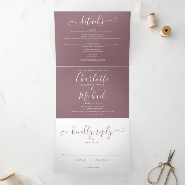 Mauve Modern Script Minimalist Photo Wedding Tri-Fold Invitation (Inside)