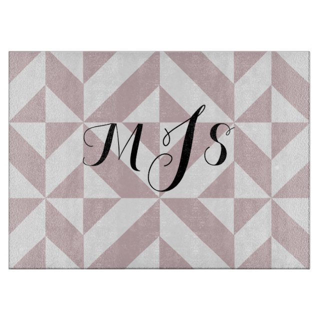 Mauve Monogram Geometric Deco Cube Pattern Cutting Board (Front)