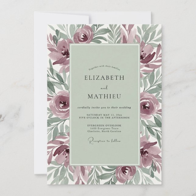 Mauve Moody Botanical Wedding Invitation (Front)