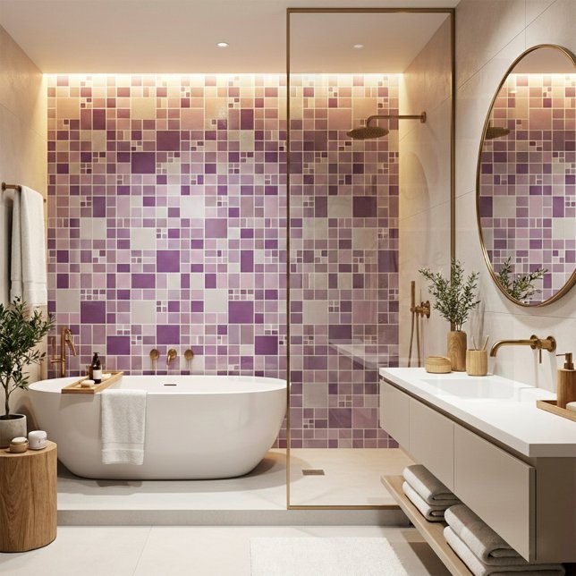 Mauve Mosaic Pattern Kitchen Bathroom Tile (Bathroom tile featuring a geometric mosaic style design in mauve, purple and lilac)