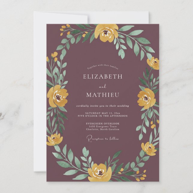 Mauve Mustard Foliage Eucalyptus Wedding Invitation (Front)