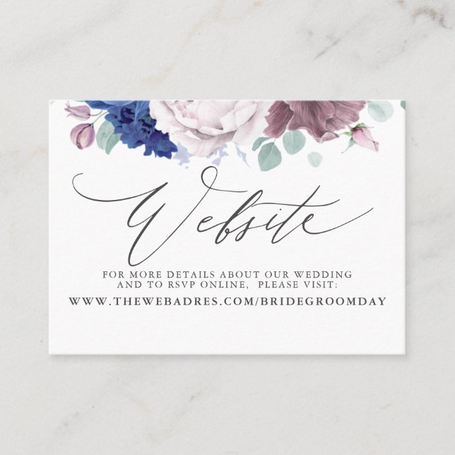 Mauve Navy Blue Floral Wedding Website Card (Front)