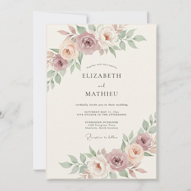 Mauve Pale Blush Peony Wedding Invitation (Front)