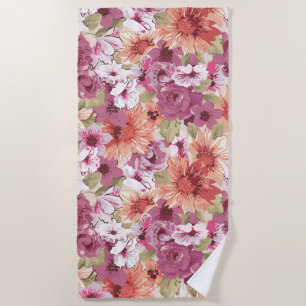 Mauve Peach Purple Floral Beach Towel
