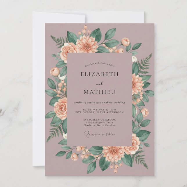 Mauve Peach Wreath Wedding Invitation (Front)