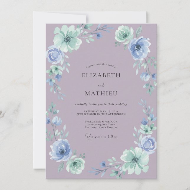 Mauve Periwinkle Peony Wedding Invitation (Front)
