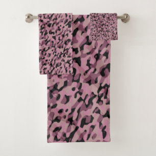 Mauve pink and Charcoal Camo abstract Bath Towel Set