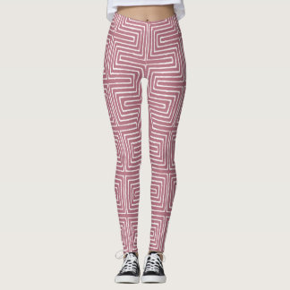 Mauve Pink and White Maze African Mud Cloth Leggings