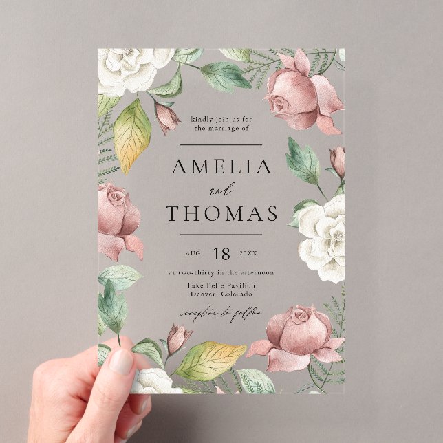 Mauve Pink and White Roses Floral Wreath Wedding Acrylic Invitations (Insitu (Handheld))