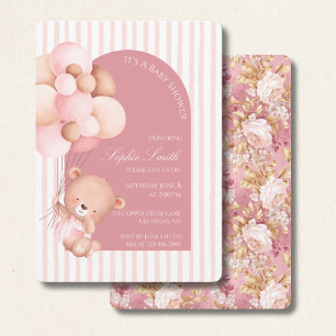 Mauve Pink Balloons, Stripes Bloom Baby Shower Invitation