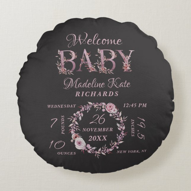 Mauve Pink Elegant Floral Baby Girl Birth Stats Round Pillow (Front)
