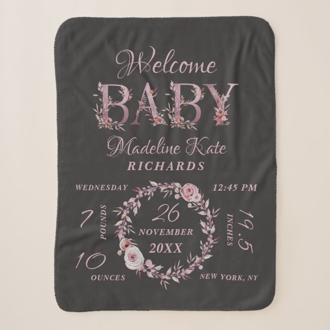 Mauve Pink Elegant Floral Baby Girl Birth Stats Sherpa Blanket (Front)