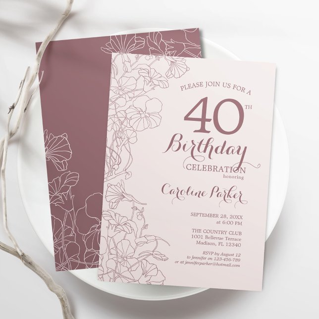 Mauve Pink Floral 40th Birthday Party Invitation (Creator Uploaded)