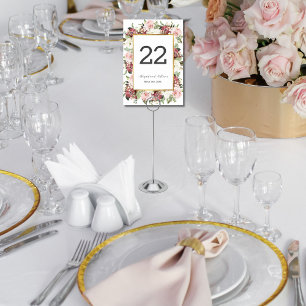 Mauve Pink Florals Gold Wedding Table Number 
