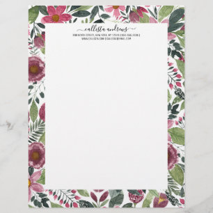 Mauve Pink Forest Green Watercolor Flowers Leaves Letterhead